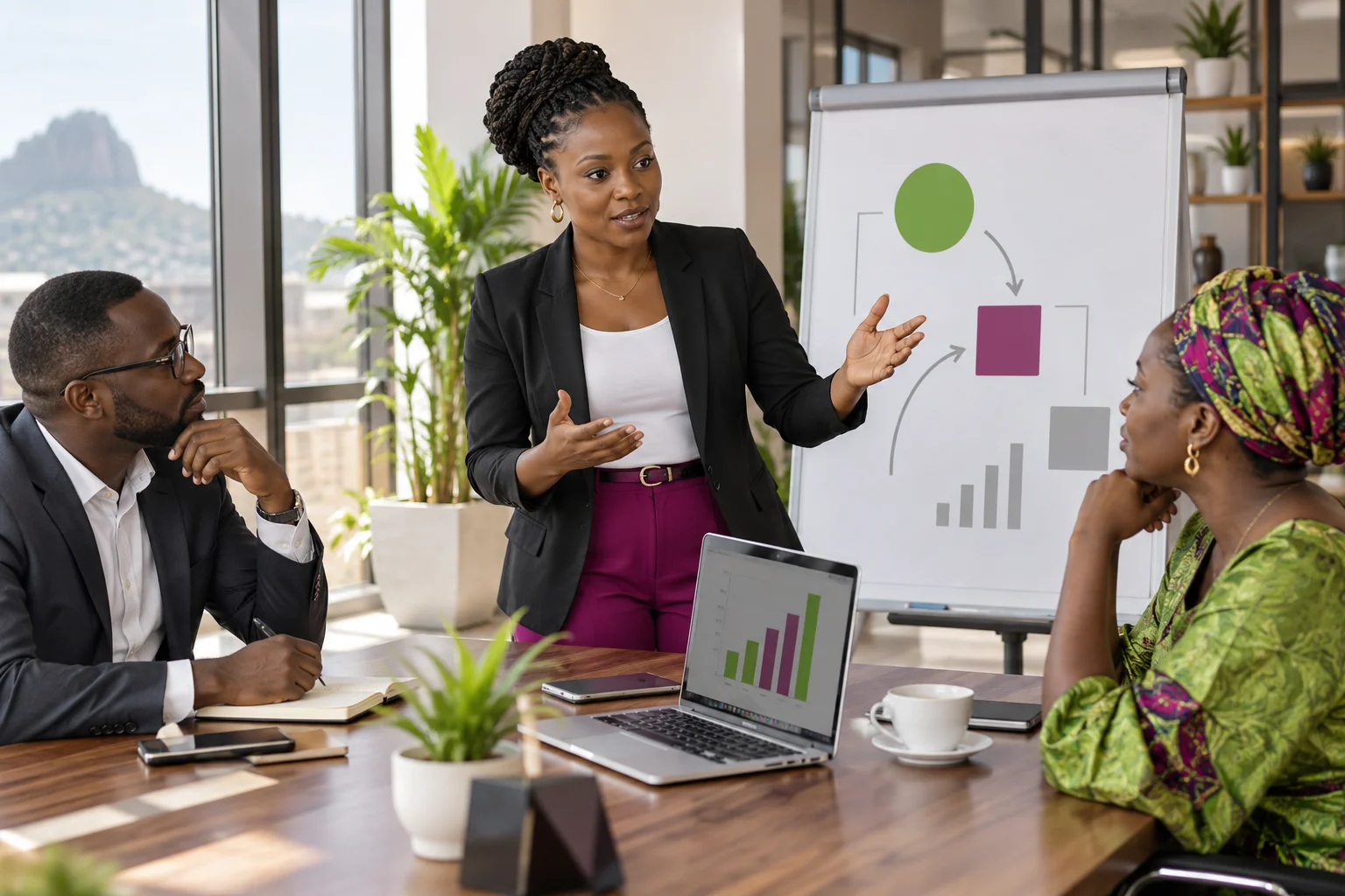 Consultante et dirigeants travaillant sur leur stratégie de gestion