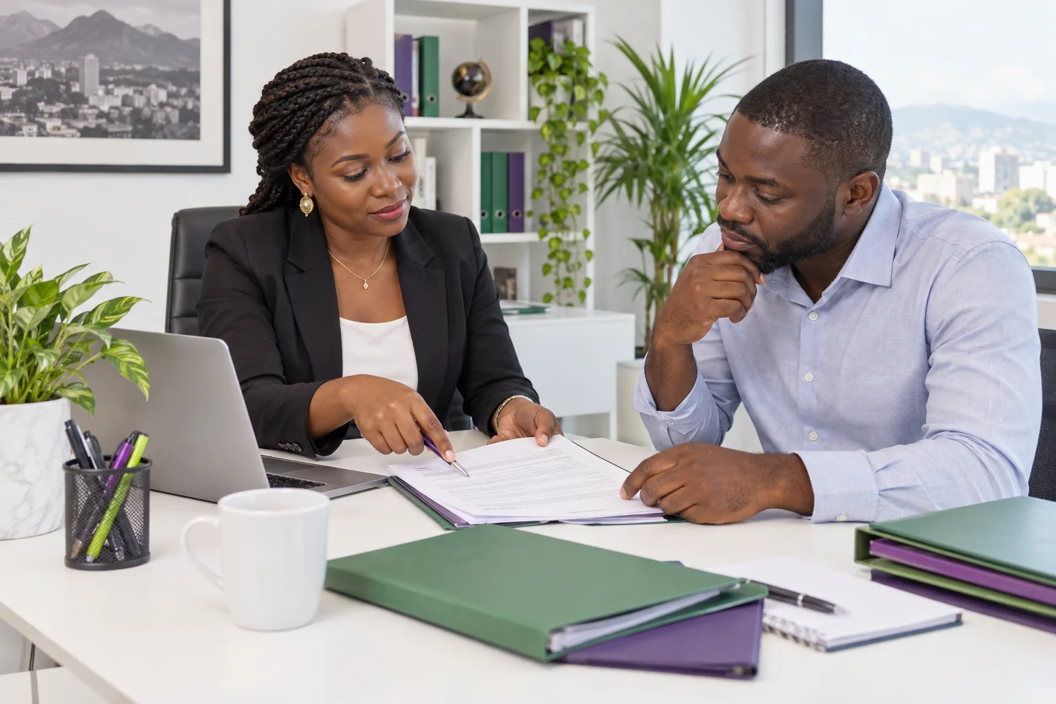 Conseillère et entrepreneur examinant un dossier de création d’entreprise