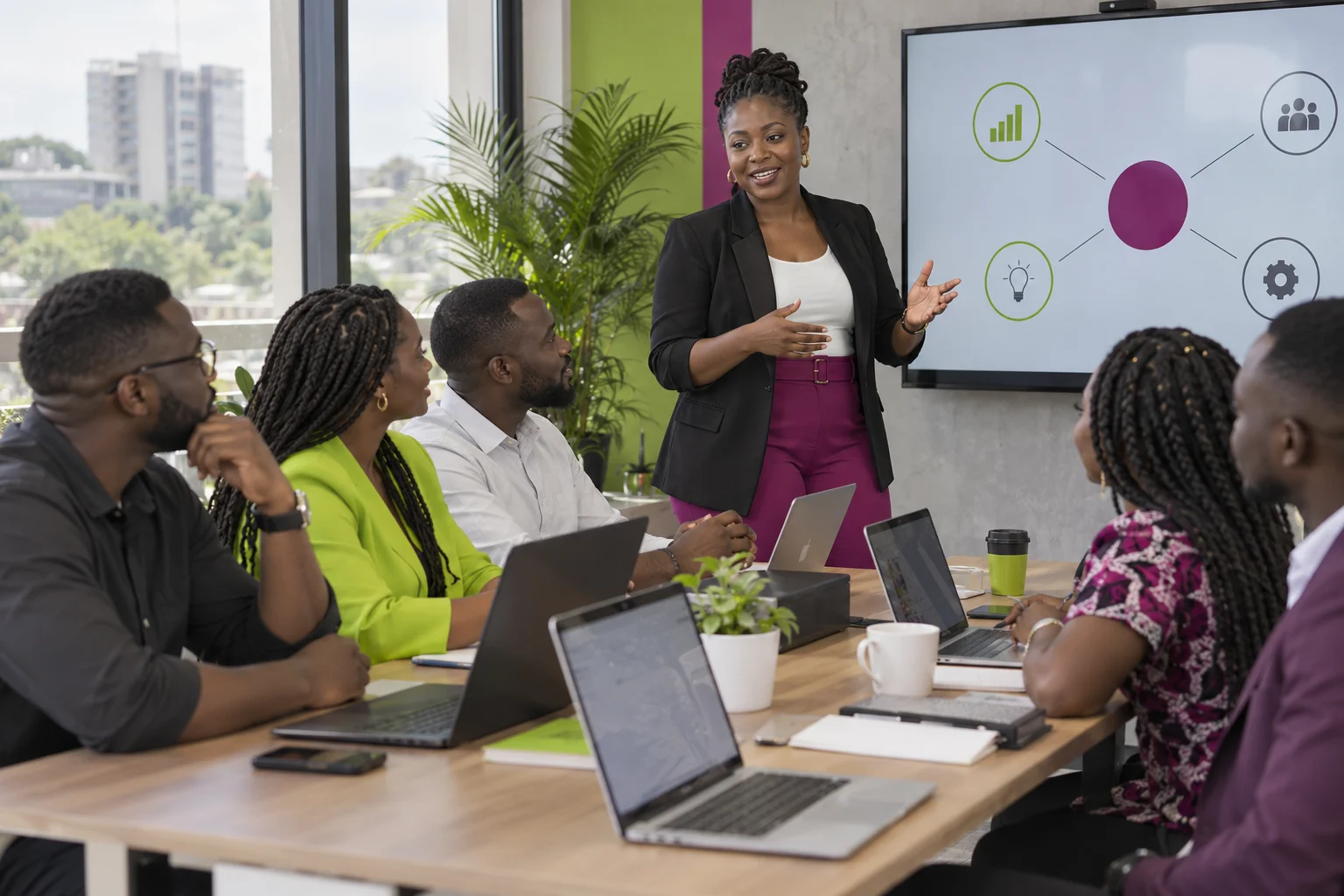 Formatrice animant un atelier professionnel interactif avec des adultes